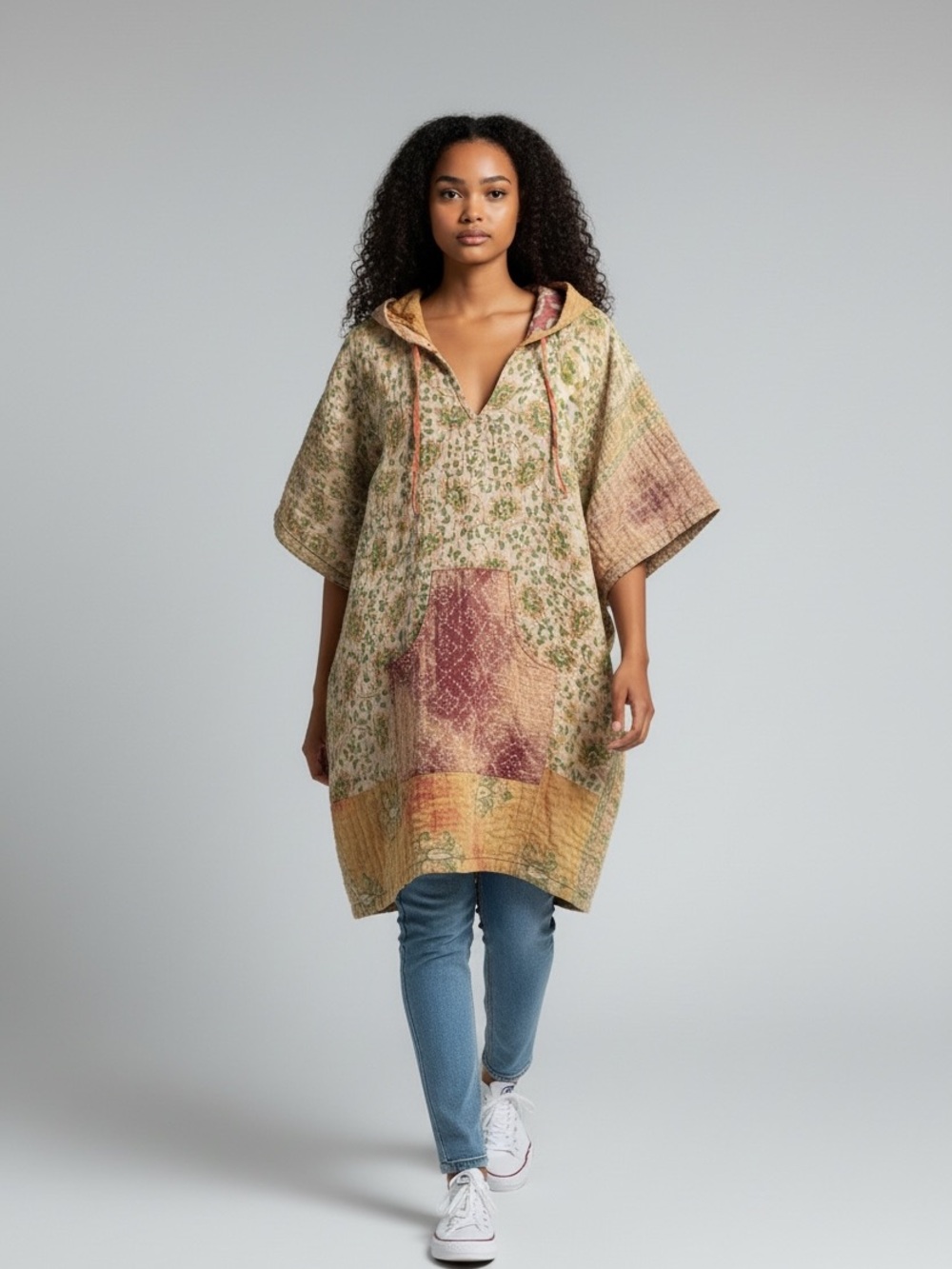 KANTHA Hooded Poncho ITEM 125 BOHO COMFY with pockets, handmade reversible OS